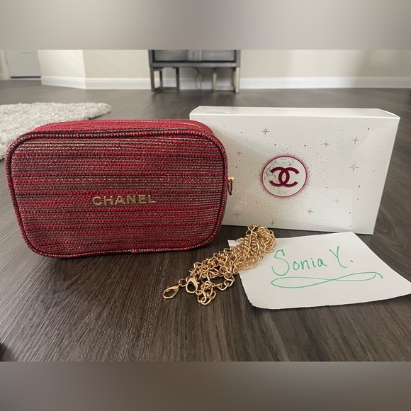 CHANEL Bags Brand New Chanel 222 Holiday Red Tweed Cosmetic Pouch
